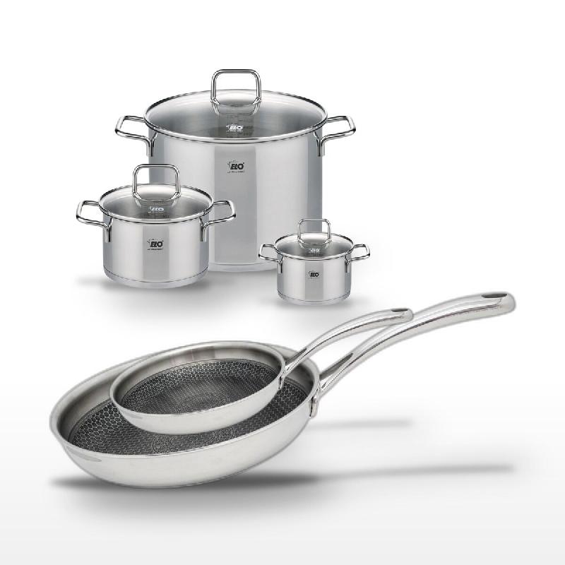 Lot Poêles 28cm & 24cm Elo Relief Evolution et 3 Faitouts Elo Citrin - gris inox 3176239957785_0