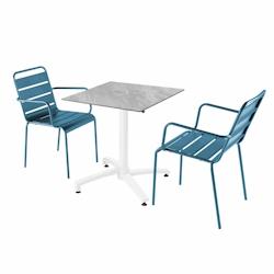 Oviala Business - Ensemble table terrasse stratifié marbre 70x70 cm et 2 fauteuils bleu Pacific en métal - Pied KLIPO inclinable_0