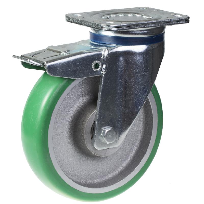 Roulette pivotante/frein de 200mm avec polyuréthane élastique convexe vert sur fonte ce_0