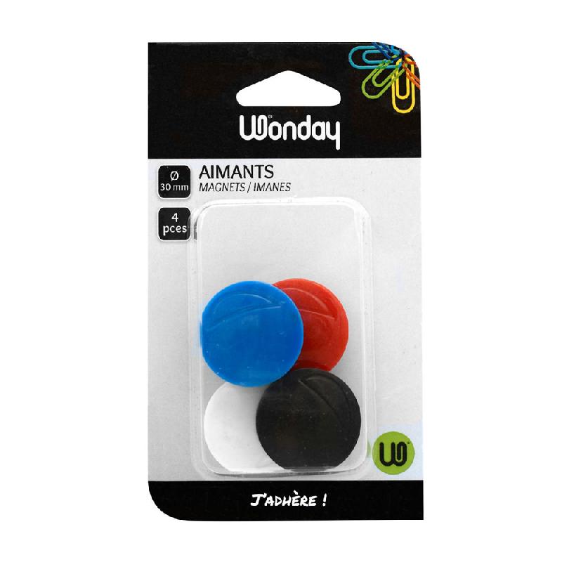 AIMANT ROND WONDAY POUR TABLEAU MAGNETIQUE - DIAMETRE 30 MM - COLORIS ASSORTIS (SAC 4 UNITES)