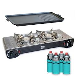 Kit Plancha Gaz 2en1 Complet - Réchaud 2 feux Inox 4400W + Plaque Grill + 4 Cartouches Gaz Butane Intérieur/Extérieur INTEC - gris inox 3701599334343_0