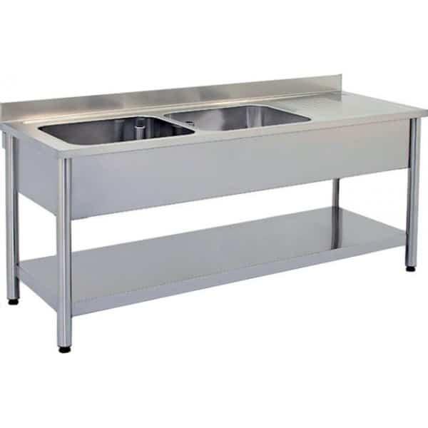 Plonge démontable sur pieds ronds avec étagère inox AISI 304 2 bacs à gauche dimension bac: L 400 x P 400 x H 250 mm (Longueur, mm: 1500 - Réf DRPL156_0