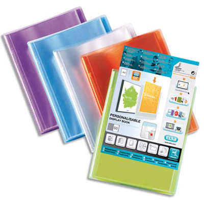 PROTEGE-DOCUMENT ELBA - TRANSPARENT PERSONNALISABLE - 60 POCHETTES, 120 VUES - POUR FORMAT A4 - 4 COULEURS : BLEU, INCOLORE, MANDARINE, VERT - LOT DE 10