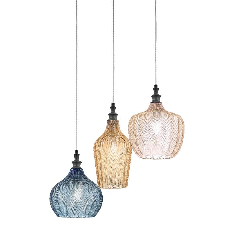 Gea Luce Suspension Triple Cleofe S/3 Multicolore - Noir Mat Métal Verre Mélange Ambre Ocre Cobalt 3X E27 - Gealuce - multicolore CLEOFE S/3 - MULTI_0