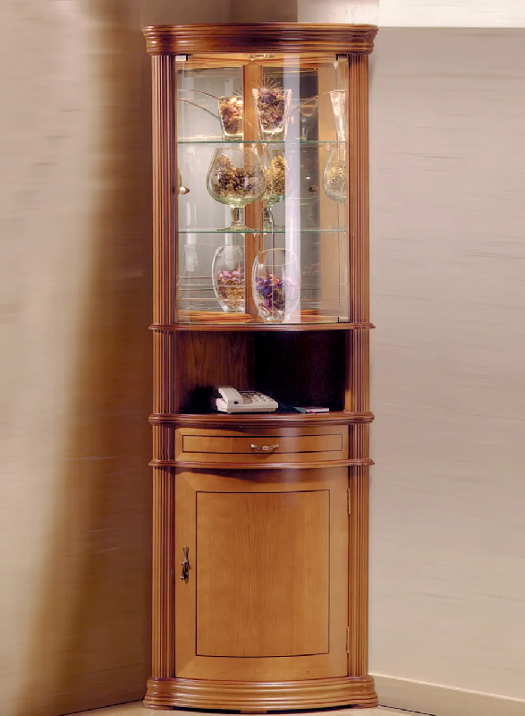 Vitrine d'angle en bois DV32VA - merisier - fond miroir, 2 tablettes réglables, serrure_0