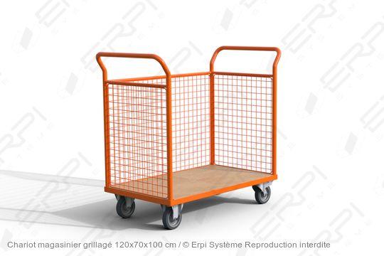 Chariot magasinier grillagé 120x70x100 cm - modèle CMG12070100-03E - charge 500 kg - 3 côtés grillagés_0
