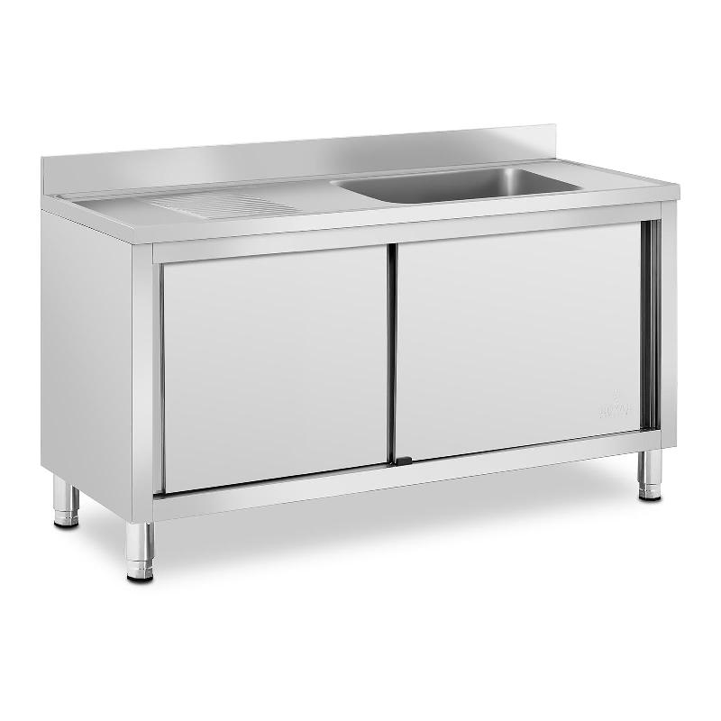Plonge en inox professionnelle sur meuble bas avec armoire placard - 1 bac 500x400x240 mm, dosseret 100 mm, pieds réglables - Réf. 14_0005019_0