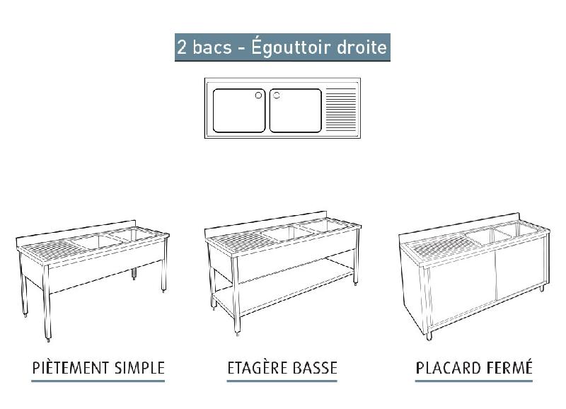 Plonge inox 2 bacs - égouttoir à droite - profondeur 700 mm - longueur 1800 ou 2000 mm - NOSEM_0