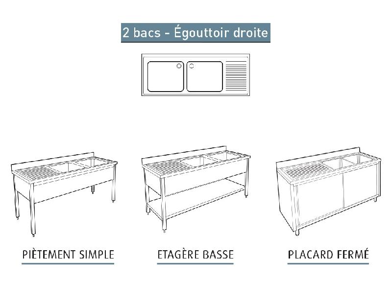 Plonge inox 2 bacs - egouttoir à droite - profondeur 700 mm pg185dp_0