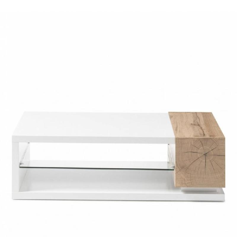 Table basse Mardin 120 x 63 cm - décor chêne noueux et blanc laqué - design contemporain avec rangement et étagère en verre_0