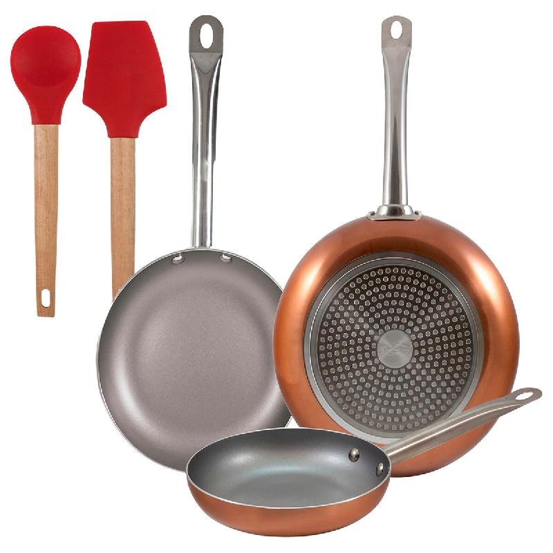 BERGNER - Jeu de 3 Poêles en Aluminium Pressé Ø18/Ø22/Ø26 cm Compatibles Induction Optimum Plus avec Jeu de 2 Ustensiles de Cuisine EXCALIBUR - a_0