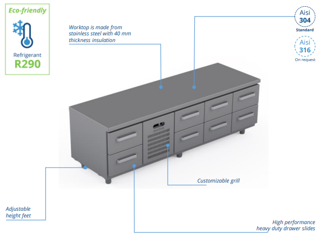 Comptoir réfrigéré bas en acier inoxydable -2000 × 660 × 660 mm - CSTL-20-20222_0