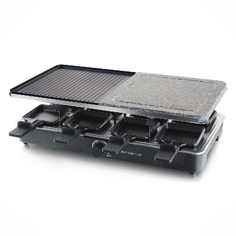Gril en pierre Emerio Gourmet – Raclette 8 personnes – 1400 W – Thermostat réglable – 8 poêlons et spatules bois – RG-110035 - noir plasti_0