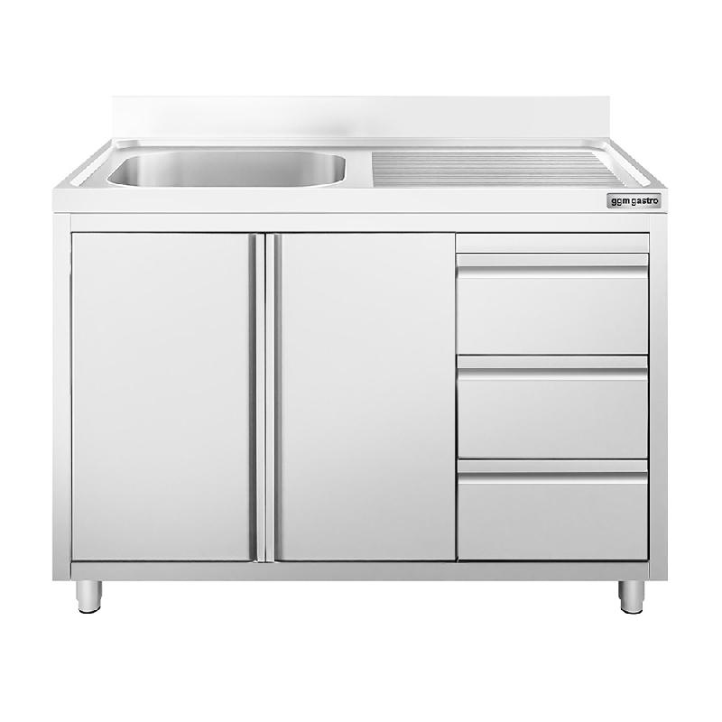 Plonge inox 1 bac à gauche et égouttoir sur placard avec 3 tiroirs - 1200 x 600 mm_0