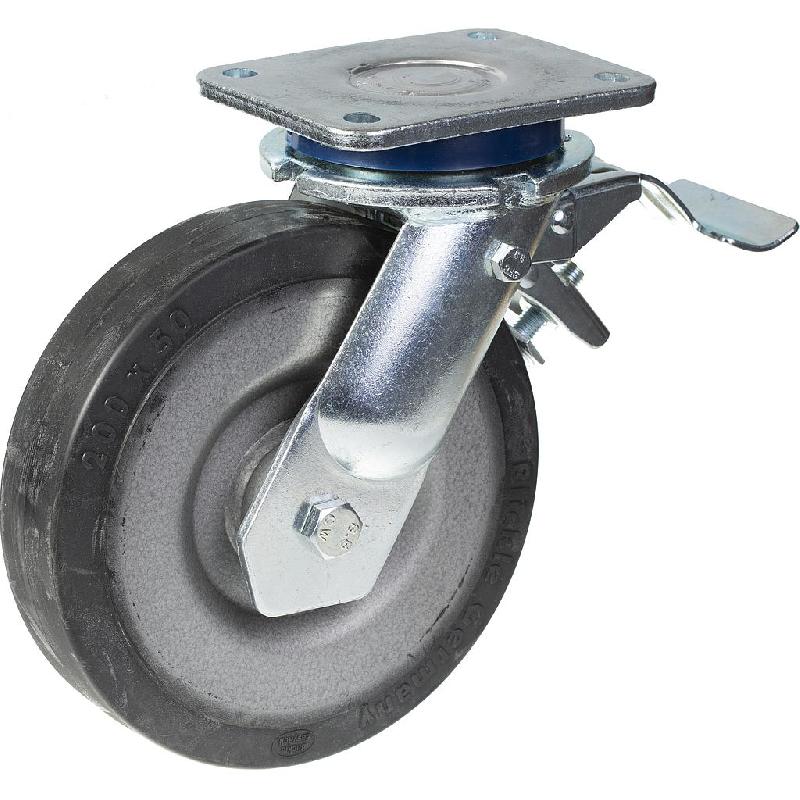 Roulette pivotante avec frein de 200 mm, dotée d'un revêtement en caoutchouc élastique noir sur un moyeu en acier soudé_0