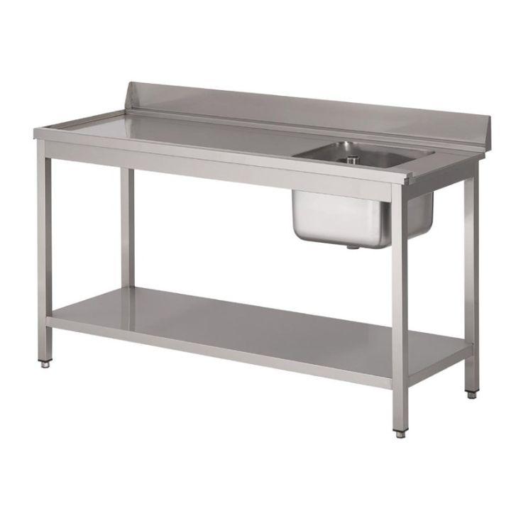 Table inox d'entrée pour lave-vaisselle (L)1400 x (P)700 mm, bac à droite, avec dosseret et tablette inférieure_0