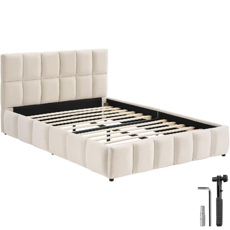 TecTake GmbH tectake lit rembourré SHIRLEY avec sommier à lattes, capacité 250 kg, 153x220x93 cm, aspect velours sable - beige Bois manufacturé 406497_0