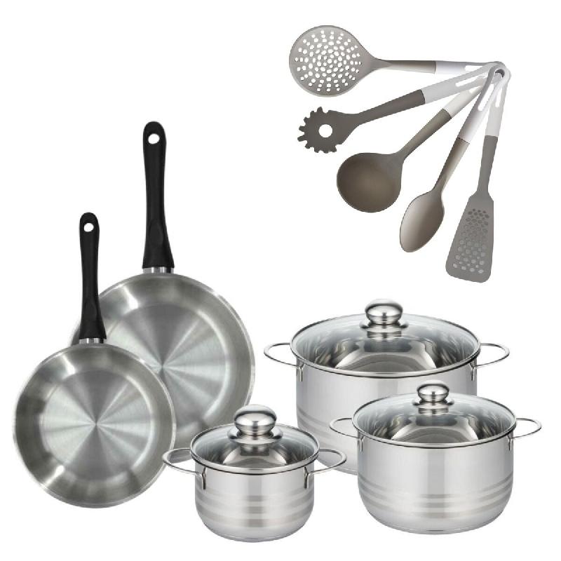 Lot de 2 Poêles 20/24cm Fackelmann Geneva avec 3 Faitouts 16/20/24cm et 5 Ustensiles - gris inox 3176239921915_0