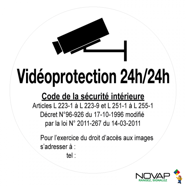 Panneaux adhésifs ronds diamètre 180 mm affichage obligatoire vidéoprotection - vidéoprotection 24h/24h - ADPNR-NV03/V24_0