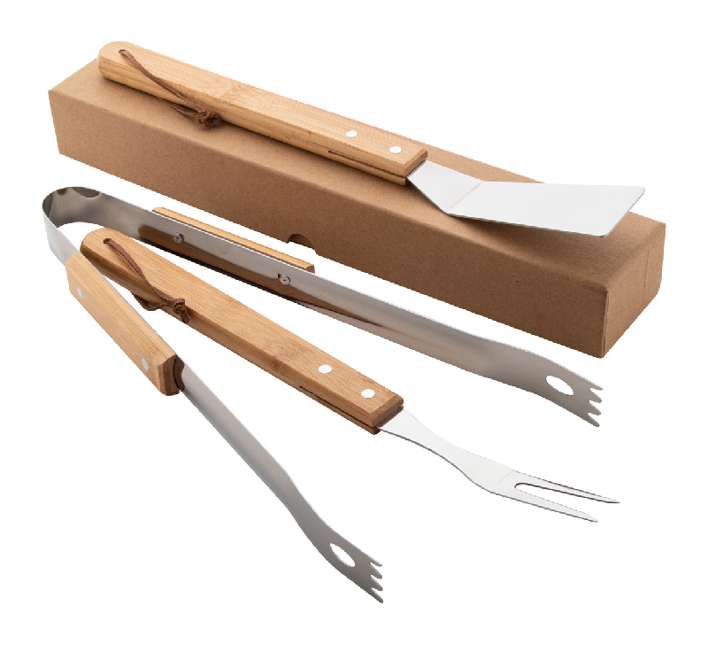 Set BBQ 3 pièces - acier inoxydable avec manches en bambou - dans boîte en papier kraft_0