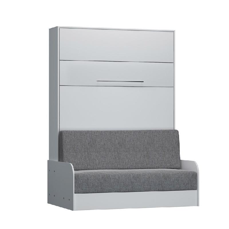 ARMOIRE LIT ESCAMOTABLE KOMPACT VIARDO SOFA CANAPÉ ACCOUDOIRS BLANC MAT TISSU GRIS COUCHAGE 140*200 CM_0