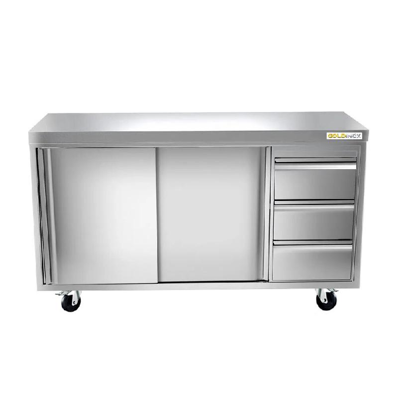Meuble bas inox 1400x700 mm avec 3 tiroirs à droite sur roulettes PREMIUM - GOLDINOX - gris inox 3701770813988_0