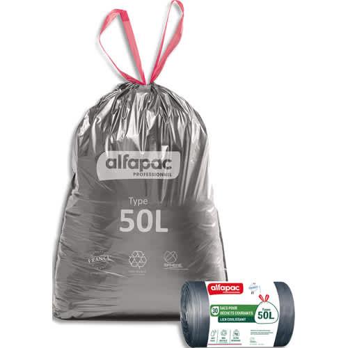 Alfapac - boîte de 390 sacs poubelle à lien coulissant recyclé 50L - résistant - coloris argent/noir_0