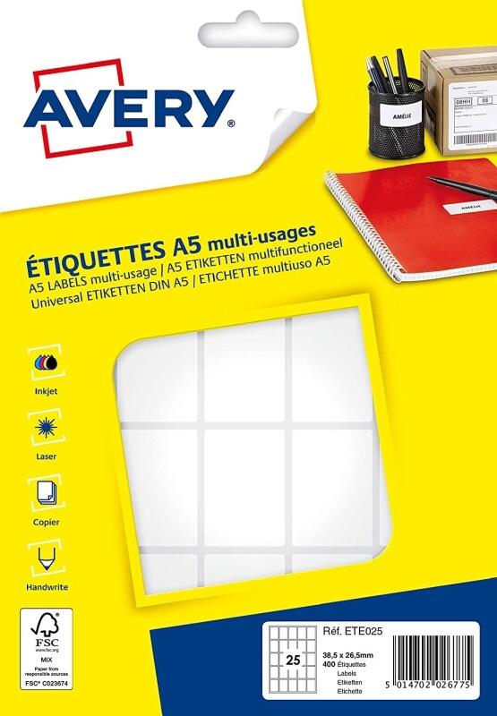AVERY Lot de 5 400 étiquettes multi-usages blanches, format 38,5 x 26,5 mm (16 feuilles / cdt) - 5014702026775_0