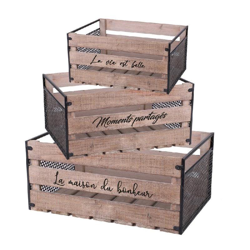Caisses en bois et cotés métal noir 32x24,5x18 + 41x28,5x20 + 50x32x22cm_0
