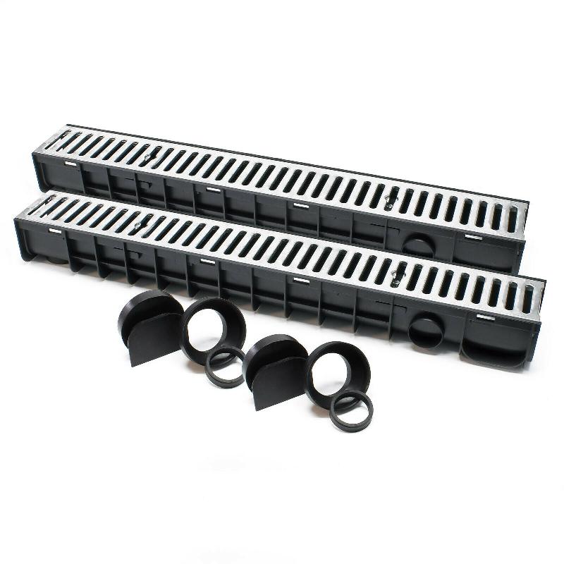 Lot de 2 caniveaux de 1 m avec grille en fonte - Charge max 1,5 tonnes - Drainage eaux usées - Réf : 16_0001698_0