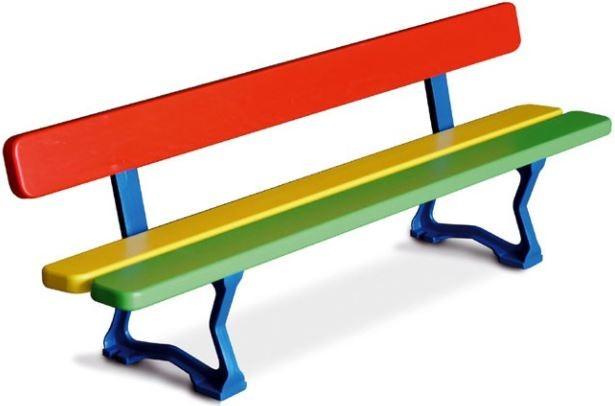 Mora - Banc junior maternelle en bois exotique FSC, structure en fonte d'acier peinte, lames multicolores ou monochromes_0