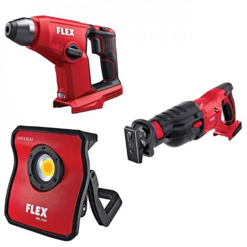 PACK 3 OUTILS 18V - LAMPE LED, SCIE SABRE ET MARTEAU PERFORATEUR FLEX