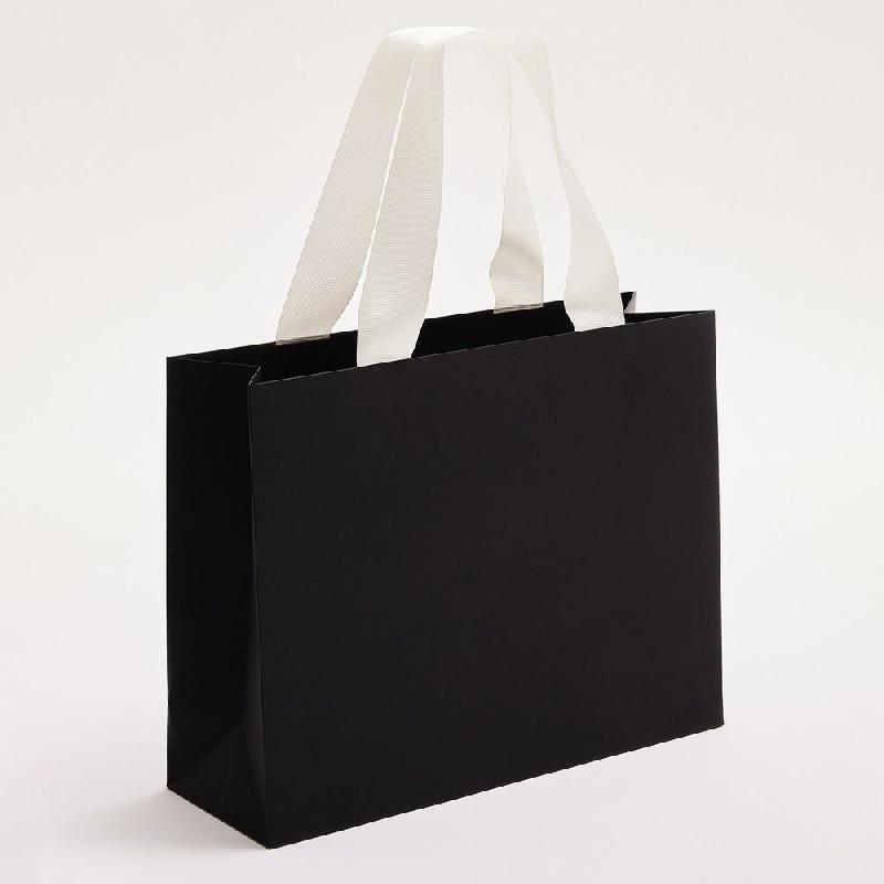 Sac luxe noir mat poignées ruban blanc naturel 36x12x28cm - par 12_0