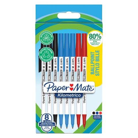 STYLO BILLE PAPERMATE KILOMETRICO À CAPUCHON POINTE 1 MM - ÉCRITURE MOYENNE - POCHETTE DE 8 COULEURS ASSORTIES