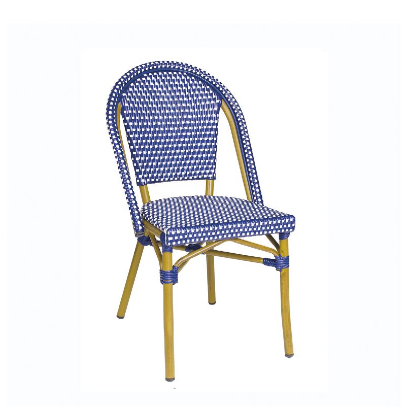 Chaise de terrasse parisienne PARIS - tressage bleu et blanc, structure aluminium couleur bambou_0