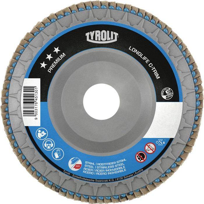 Disque à lamelles LONGLIFE C-TRIM 115 mm - Granulation 40 - INOX/acier corindon zirconien - Perçage 22,23 mm - TYROLIT_0