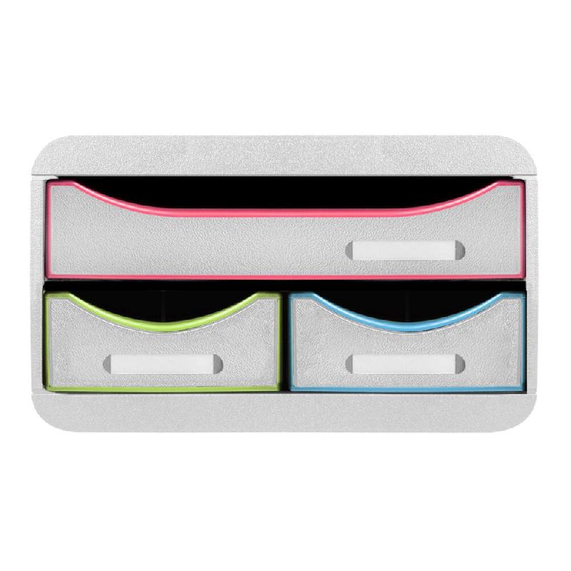 Exacompta - Réf. 311913D - SMALL-BOX Caisson 3 tiroirs - Dimensions extérieures : Prof 34,7 x l27,8 x H 13 cm - Blanc/arlequin/blanc - multicolore m_0
