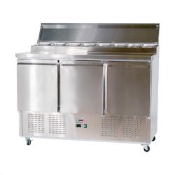 Romux® Table a Pizza Réfrigérée 3 Portes 136x70 cm pour 8 Bacs GN 1/6 Plan de Travail et Cloche en Acier | Préparation Pizzas et Salades - 843660_0