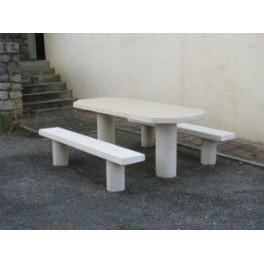 Table pique-nique ovale en béton armé - Béton blanc naturel - Plateau et assises hydrofuges et anti-tache_0