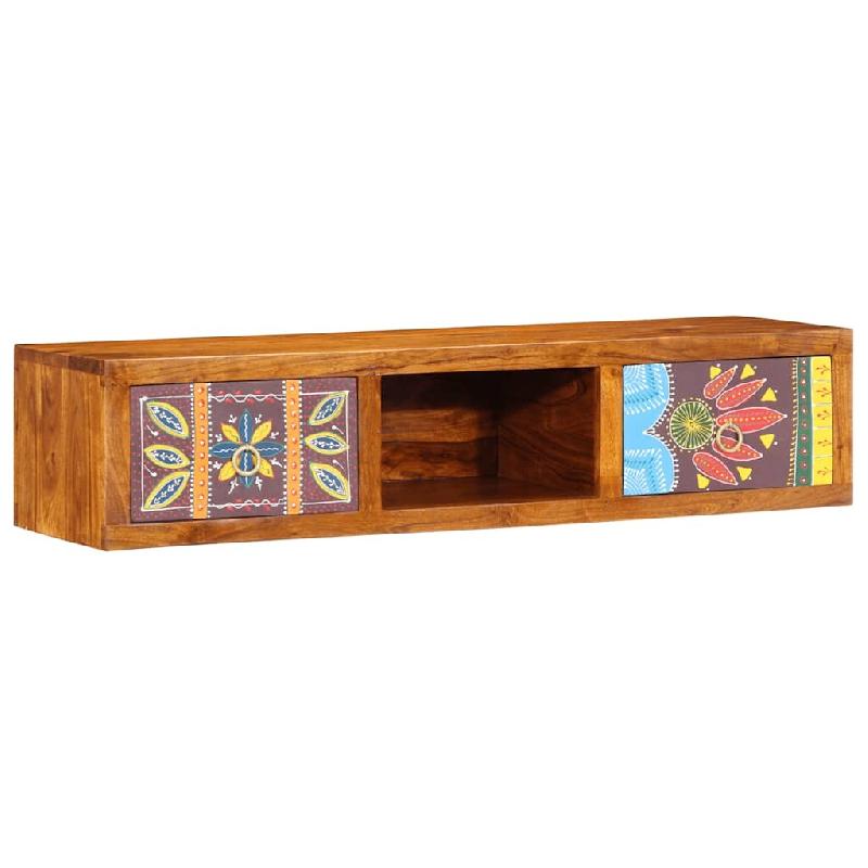 Helloshop26 - Meuble TV mural gain de place avec grand espace de rangement et design coloré 100 x 30 x 22 cm en bois acacia 02_0057673 - Bois massif_0