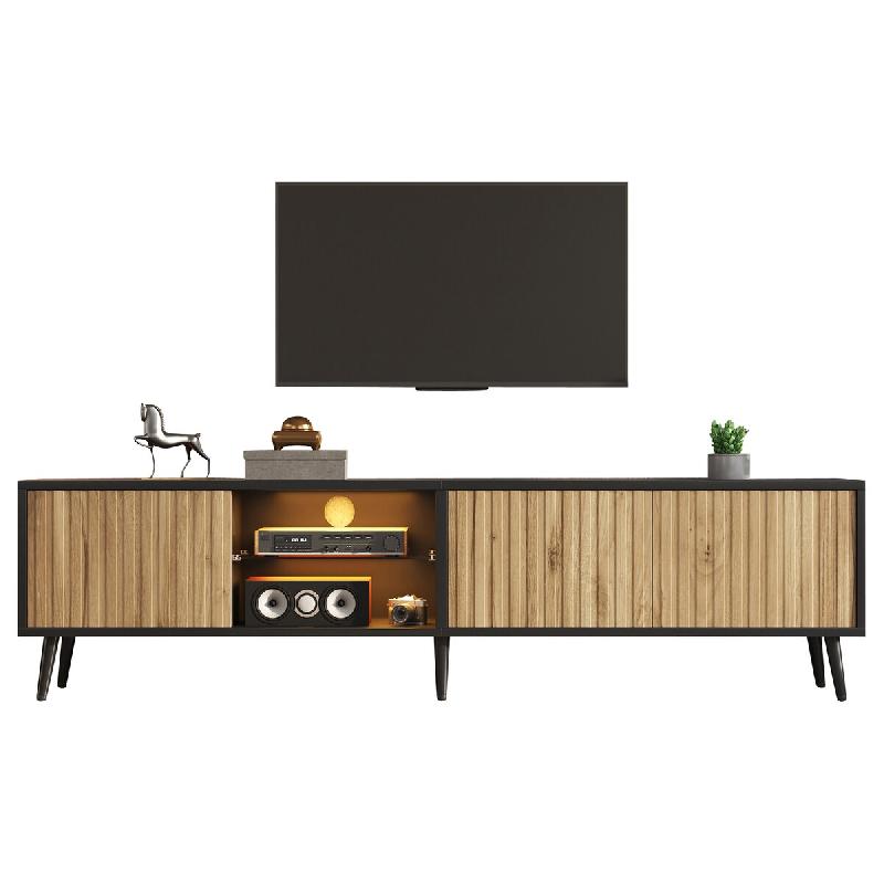 Merax Meuble TV , meuble bas LED avec 3 portes, étagères en verre, 183 cm, pour téléviseurs jusqu'à 75 pouces, 175 x 31 x 43,5 cm, bois naturel/n_0