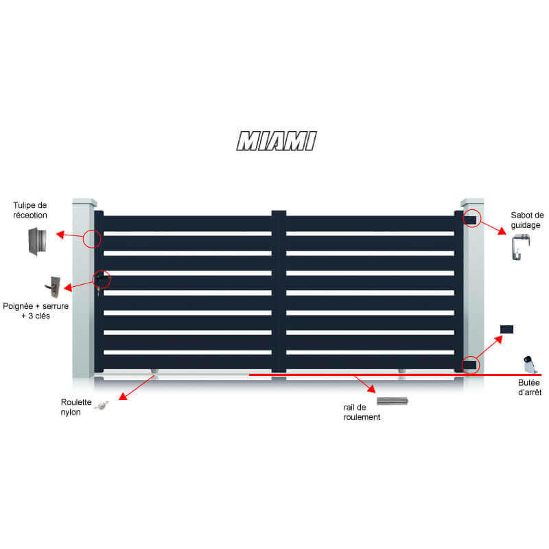 PORTAIL ALUMINIUM MIAMI COULISSANT - COULEUR : GRIS - HAUTEUR : 1600 MM - LARGEUR ENTRE PILIERS : 4000 MM - PRIXIMBATTABLE