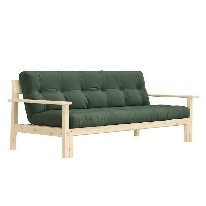 CANAPÉ CONVERTIBLE FUTON UNWIND PIN NATUREL COLORIS VERT OLIVE 130 X 190 CM._0