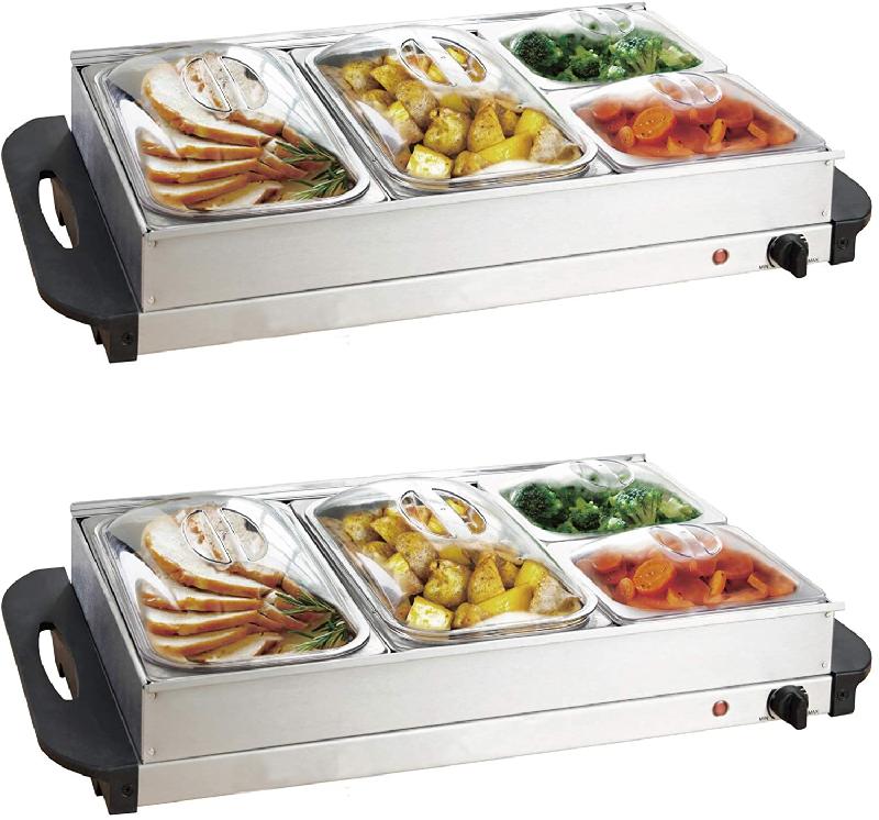 LOT DE 2 CHAUFFES PLATS ÉLECTRIQUE EN ACIER INOXYDABLE MAINTIEN DE LA TEMPÉRATURE COUVERCLES TRANSPARENTS CHAUFFE BUFFET CHAFING DISH CHAUFFE PLATS 01_0001100_0