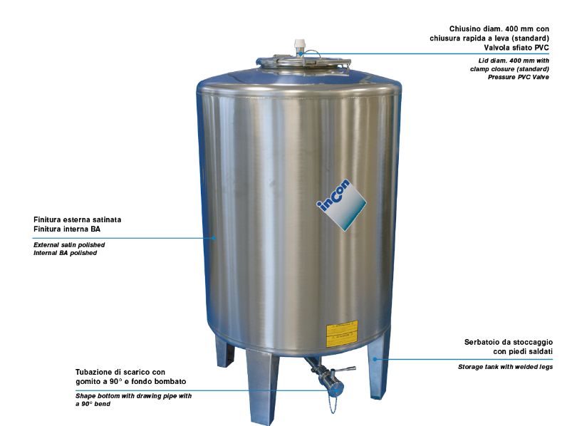 Minitank MTH - Réservoir de stockage industriel - Incon - Fond bombé avec bride centrale, tuyau à coude 90° et pieds soudés_0