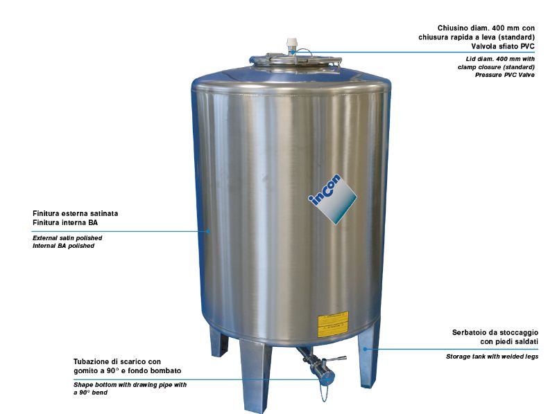 Minitank mth - réservoir de stockage industriel - incon - fond bombé avec bride centrale et tuyau avec une coude à 90° - pieds soudés_0