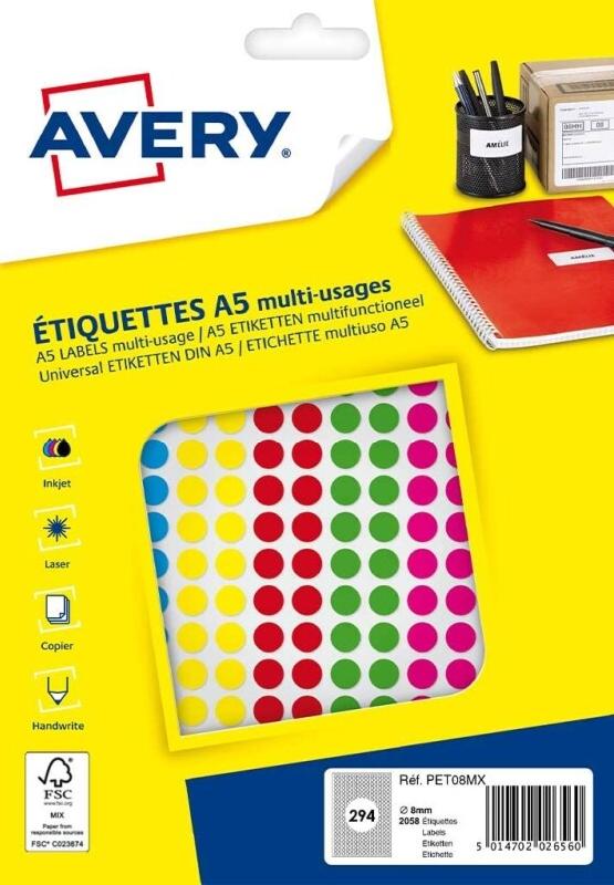 AVERY Lot de 5 Etui de 2058 pastilles adhésives, diamètre 8 mm, coloris assortis (7 feuilles / cdt) - 5014702026560_0