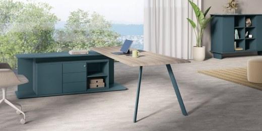 Bureau SHAPE design sur desserte - Plateau finition Orme - Pieds métal bleu - Référence 4911 FR111_0