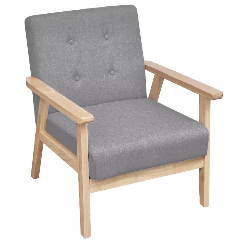 Fauteuil lounge design rétro en tissu gris clair - cadre en bois solide - 64,5x67x73,5 cm_0