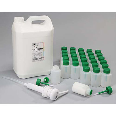 LOT 1 JERRYCAN 5L DE COLLE VINYLIQUE, 1 POMPE 20ML, 30 FLACONS-PINCEAUX ANTI VERSE 80 ML VIDES